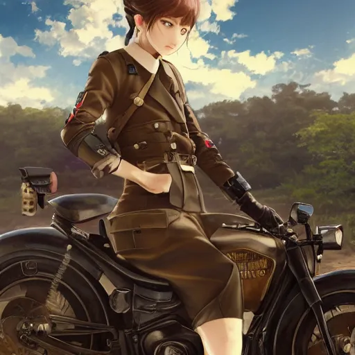 Prompt: anime style, symmetrical facial features, panoramic view, a girl riding a motorbike, vintage, soldier clothing, battlefield in background, hair down, realistic hands, from arknights, hyper realistic, 4 k, extreme detail, trending artstation, safebooru, realistic lighting, by alphonse mucha, greg rutkowski, sharp focus