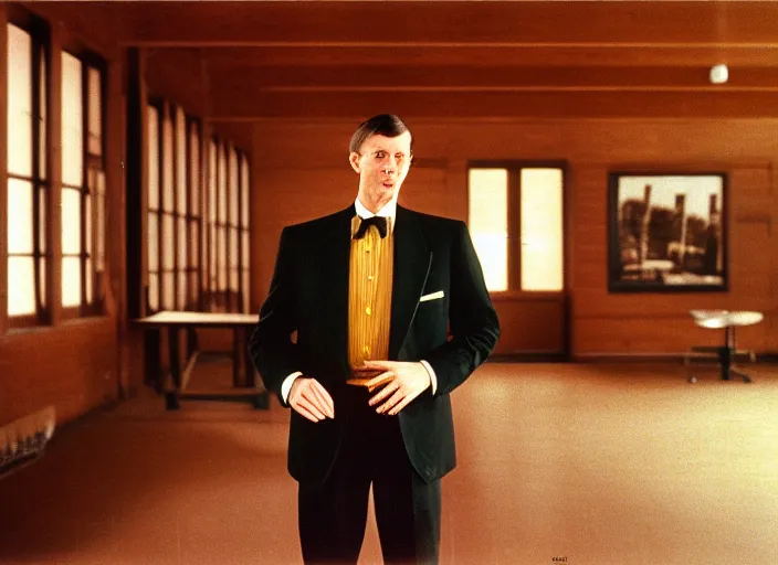 Image similar to realistic photo portrait of the person, brown mustard shirt, formal suit, black tie,, wooden polished and fancy expensive wooden laboratory hall interior 1 9 9 0, life magazine reportage photo