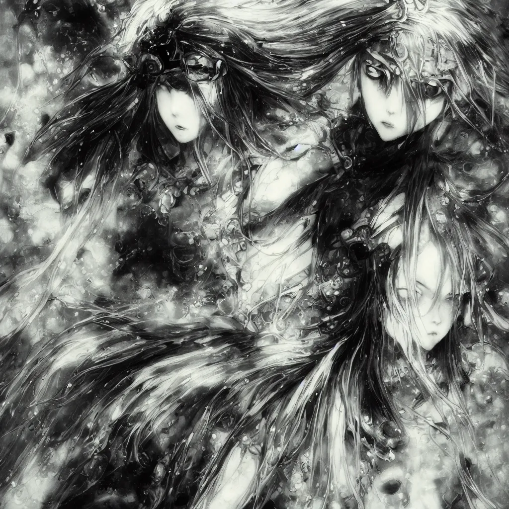 Image similar to Yoshitaka Amano blurred and dreamy illustration of an anime girl with pirate eye patch, wavy white hair and cracks on her face wearing Elden ring armour with the cape fluttering in the wind, abstract black and white patterns on the background, noisy film grain effect, highly detailed, Renaissance oil painting, weird portrait angle