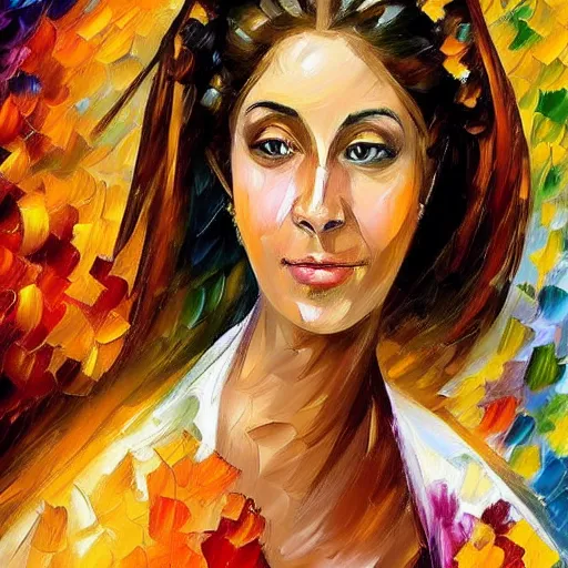 Prompt: portrait of a middle aged ancient noblewoman with a pretty face, brown skin and long brown hair. by leonid afremov