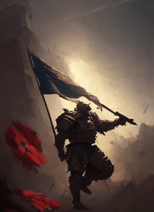 Image similar to portrait epic armored war commander biting a flag and losing his arms. highly detailed, digital painting, concept art, smooth, sharp focus, illustration, art by greg rutkowski