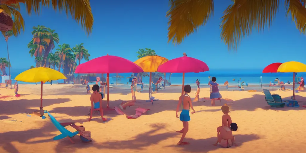 Prompt: a film still of a sunny and colourful beach scene in santa monica, los angelos, wide shot, waist up, wes anderson, studio ghibli, pixar and disney animation, sharp, rendered in unreal engine 5, anime key art by greg rutkowski, bloom, dramatic lighting