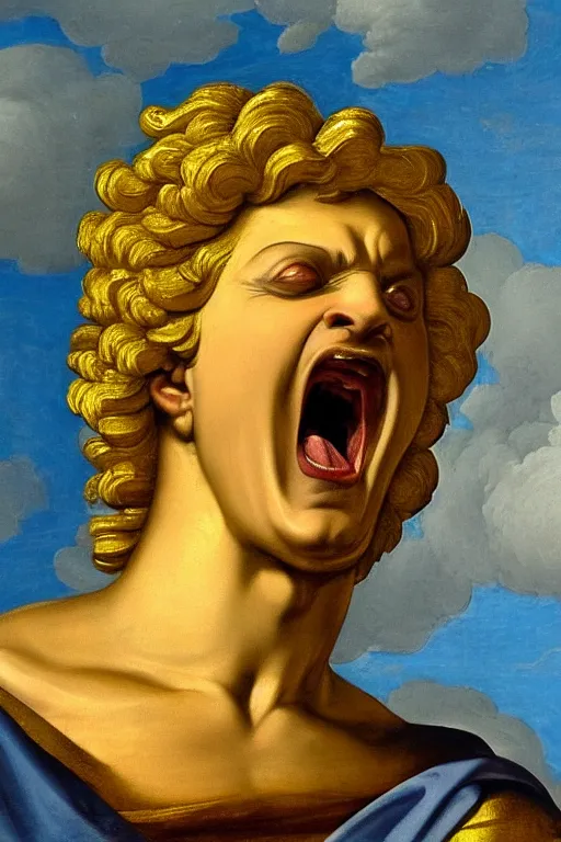 Prompt: archangel Michael, screaming face, closeup, ultra detailed, made in gold, Guido Reni style