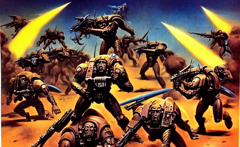 Prompt: the zarnaxian battlehounds charge into the fray, scifi pulp, matte painting, concept art, book cover, frank frazetta, syd mead, boris vallejo, movie poster, 7 0 s scifi