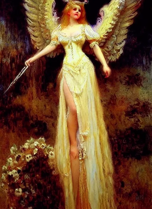 Image similar to vertical prtrait of an angel knight gothic girl, baroque dress. by gaston bussiere