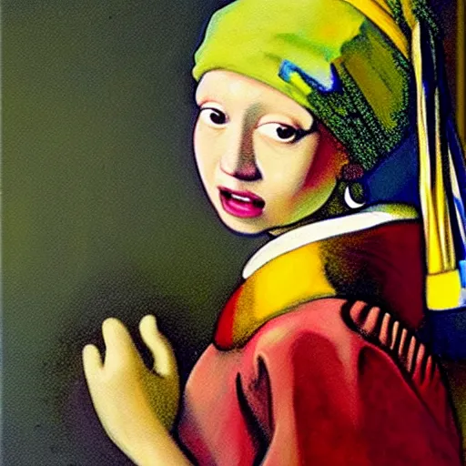 Image similar to painting of the teletubby with the pearl earring, in the style of johannes vermeer