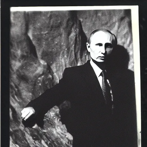 Prompt: vladimir putin is vampire having sharp teeth, is in minerals cave, polaroid black and white picture, 1 9 th century, scary horrifying