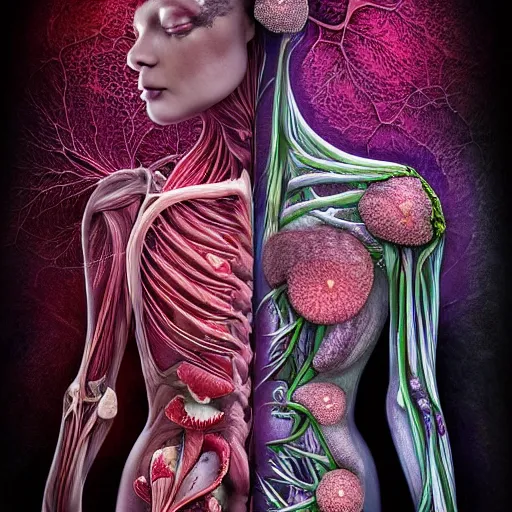 Image similar to a beautiful detailed photo of a two sides rotten woman corpse morphing into fractal plants and fractal flowers and mushrooms, muscles, veins, anatomical, intricate, ornate, volumetric light, beautiful lit, romero ressendi