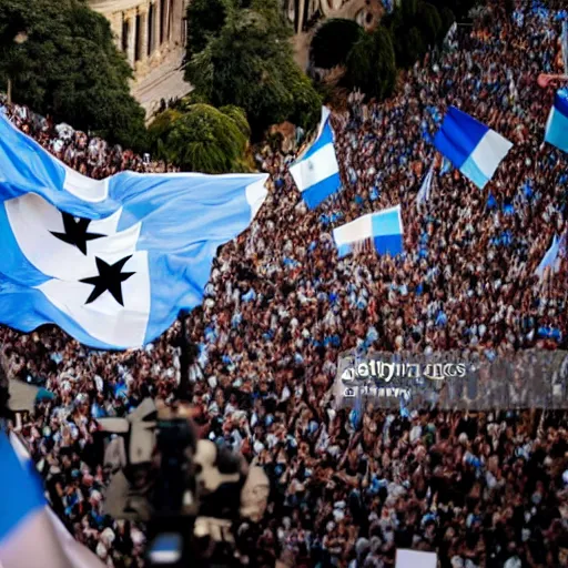 Image similar to Lady Gaga as president, Argentina presidential rally, Argentine flags behind, bokeh, giving a speech, detailed face, Argentina