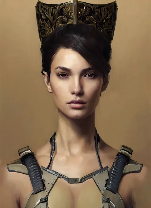 Image similar to a professional painting of a beautiful young female, clothed in military armor, olive skin, long dark hair, beautiful bone structure, symmetrical facial features, intricate, elegant, digital painting, concept art, smooth, sharp focus, illustration, from Metal Gear, by Ruan Jia and Mandy Jurgens and Artgerm and William-Adolphe Bouguerea