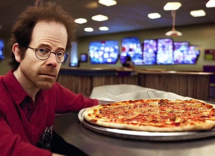 Image similar to charlie kaufman eating pizza at chuck - e - cheese, dramatic lighting, film still from breaking bad ( 2 0 1 0 ), 3 5 mm kodak, 2 4 mm lens, directed by rian johnson