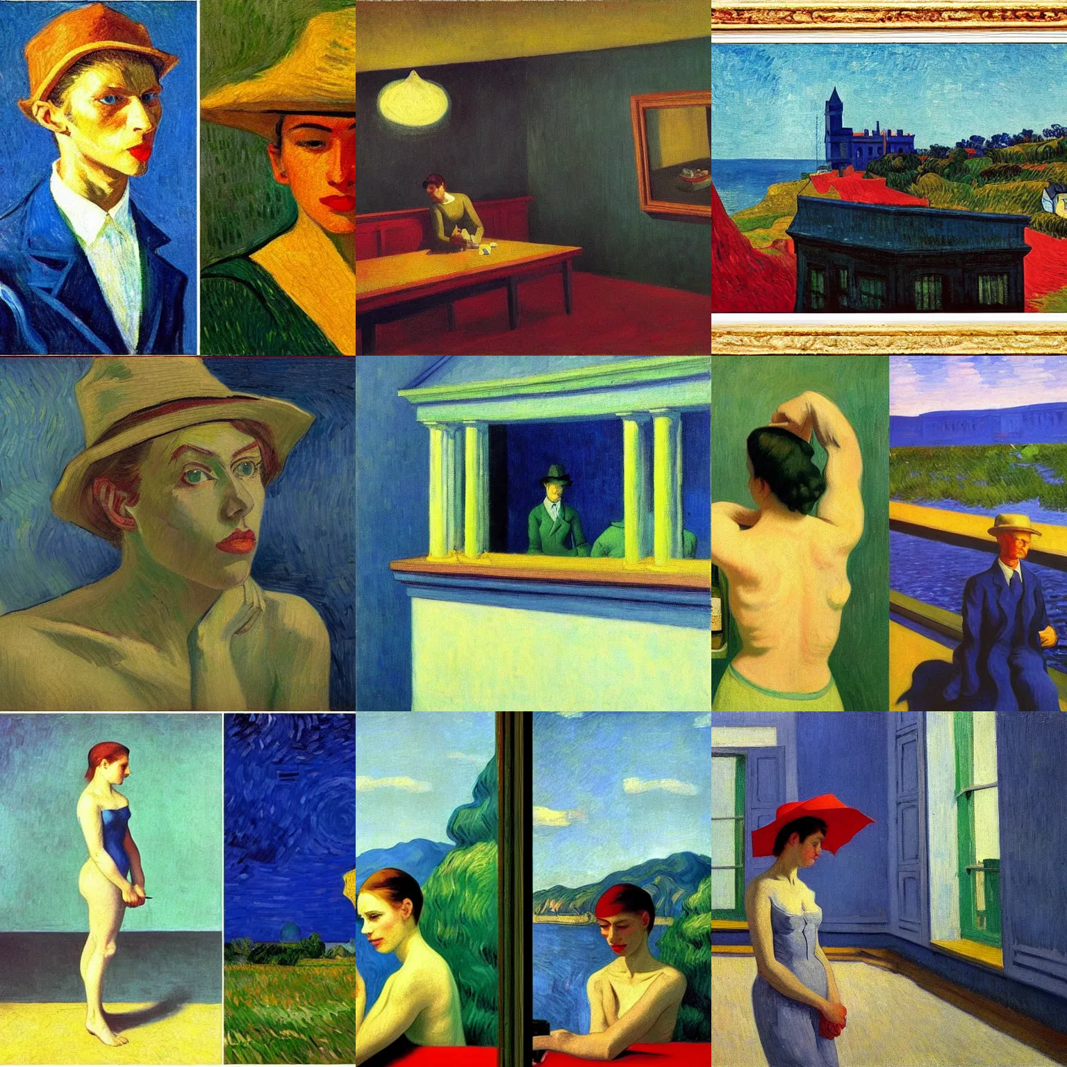 Prompt: painted by edward hopper, painted by max ernst, painted by vincent van gogh, oil on canvas, painted by rene magritte, photorealistic