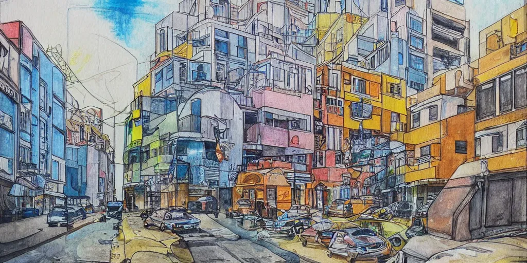 Prompt: street artists. painting of rounded bauhaus buildings in a junction in tel aviv. highly detailed. pen drawing painted with watercolors. colorful. surreal