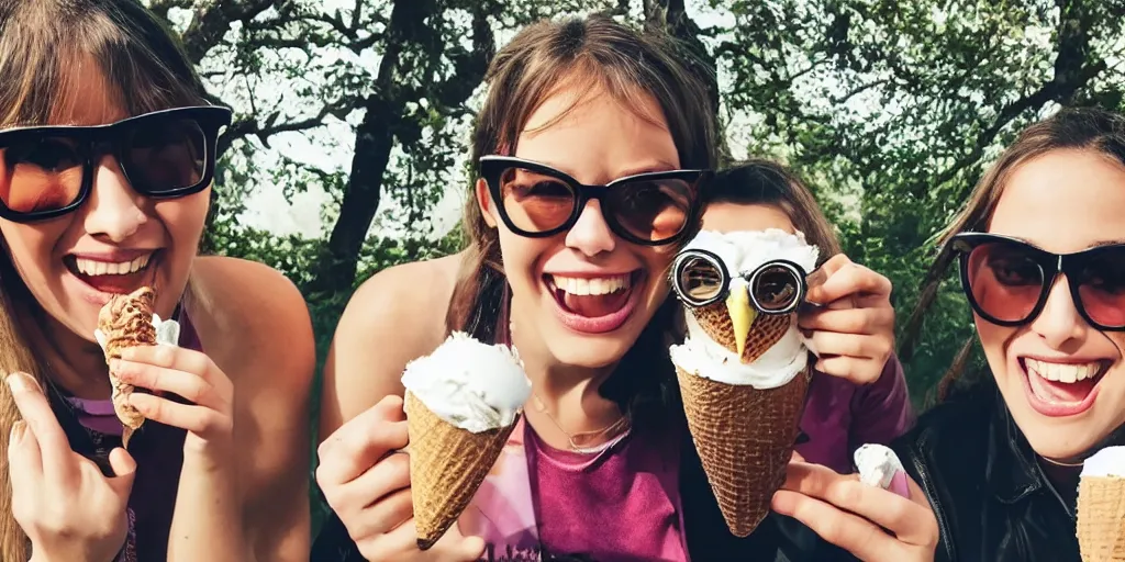 Prompt: Two owls in sunglasses eating ice cream on camera