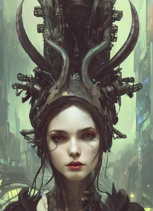 Image similar to a beautiful illustration of a cyberpunk witch with horns in head, intricate, sharp focus, illustration, highly detailed, digital painting, concept art, matte, art by wlop and artgerm and greg rutkowski and alphonse mucha, masterpiece