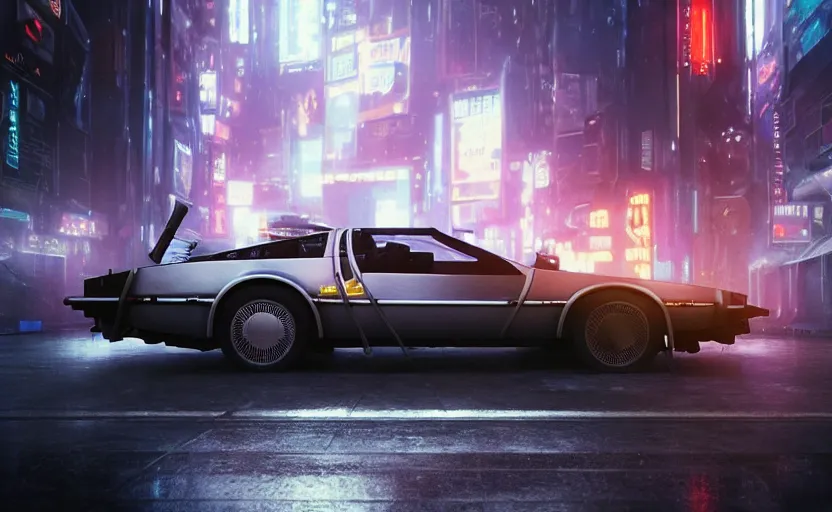 Image similar to professional photo of delorean from low angle shot, cyberpunk background, blade runner, hyperrealistic masterpiece, trending on artstation, cgsociety, kodakchrome, golden ratio, cinematic, composition, beautiful lighting, hyper detailed, sharp focus, octane render, 4 k, unreal engine