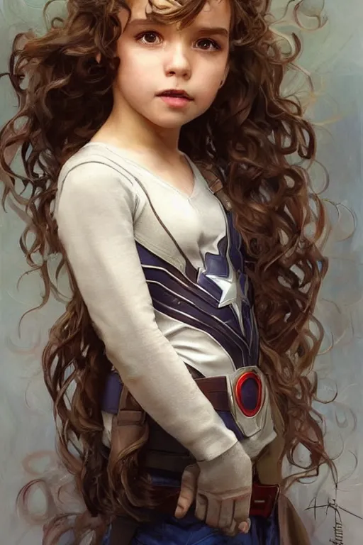 Prompt: a little girl with a mischievous face and short!! light brown curly wavy hair. she is dressed as captain america, spider - man, batman, captain marvel, a superhero. clean elegant painting, beautiful detailed face. by artgerm and greg rutkowski and alphonse mucha
