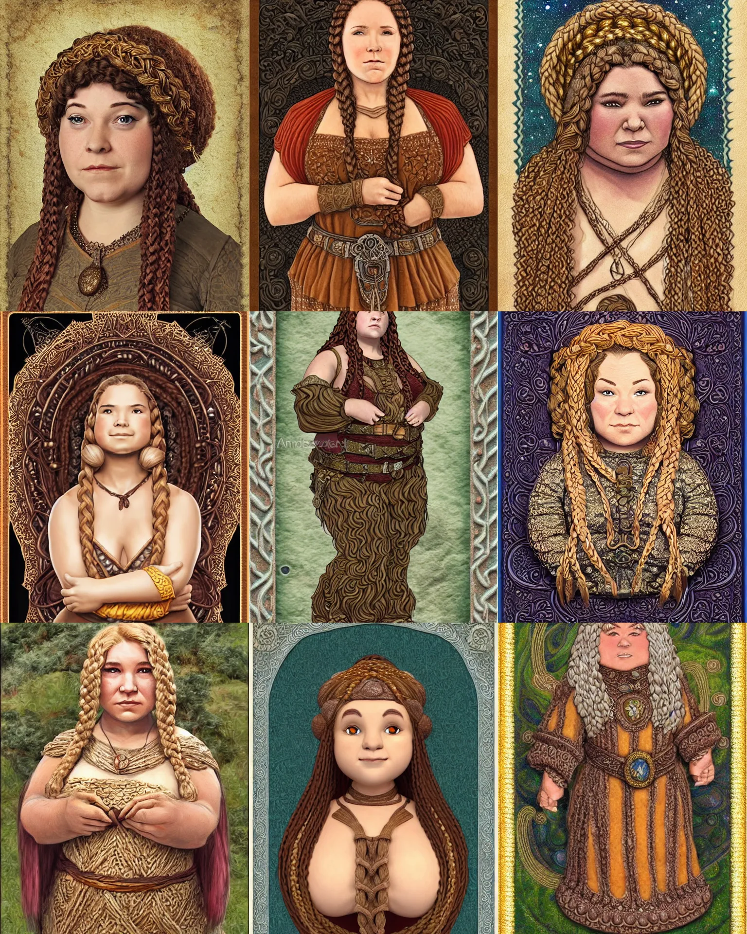 Prompt: female dwarven noblewoman, chubby short stature, braided intricate hair, by amanda sage