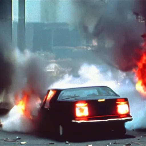 Prompt: film still, explosion of a 1980 car, in American Psycho