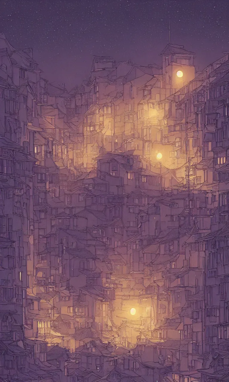 Image similar to a serene painting of a town at night, the moon and stars, by laurie greasley, artstation, studio ghibli color scheme