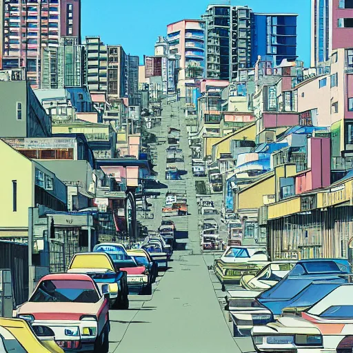 Image similar to city street, sloped street, city on tall hillside, street scene, aquamarine shading panels above street, cel - shading, 2 0 0 1 anime, flcl, jet set radio future, golden hour, japanese town, concentrated buildings, japanese neighborhood, electrical wires, cel - shaded, strong shadows, vivid hues, y 2 k aesthetic