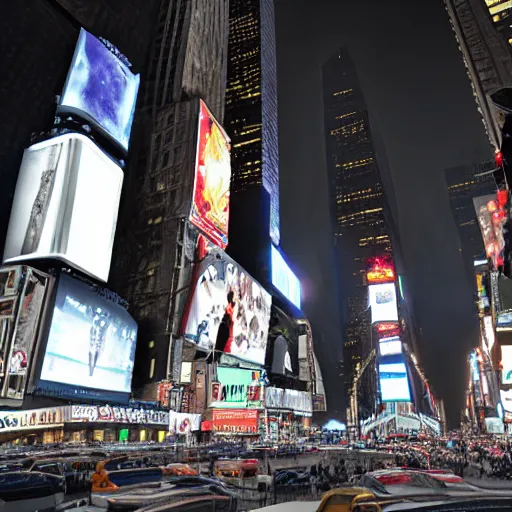 Prompt: giant alien spacecraft looming over times square, real photo, highly realistic