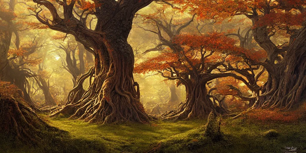 Prompt: Fantastical open landscape by Ted Nasmith, giant world tree, roots, amber, autumn, digital painting, concept art, landscape
