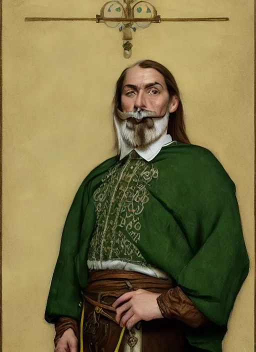 Prompt: medium-length portrait of a 35-year-old male noble with long blonde hair and green eyes, white skin, blonde handlebar mustache, smug smirk, elegant green clothing, medieval setting, highly detailed, digital painting, artstation, concept art, sharp focus, illustration, art by greg rutkowski and alphonse mucha