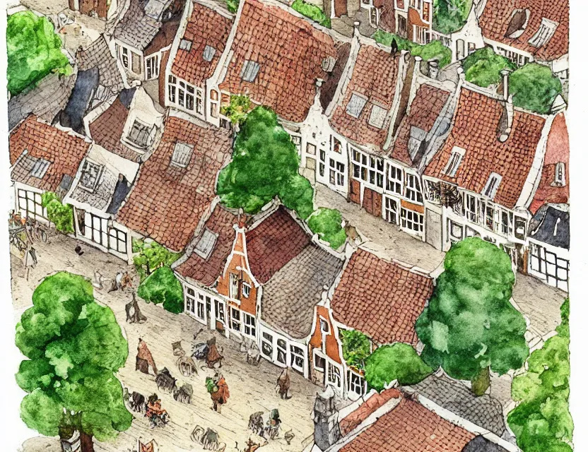 Prompt: a building in a typical dutch village. isometric aerial view. whimsical watercolor illustration by anton pieck. very detailed