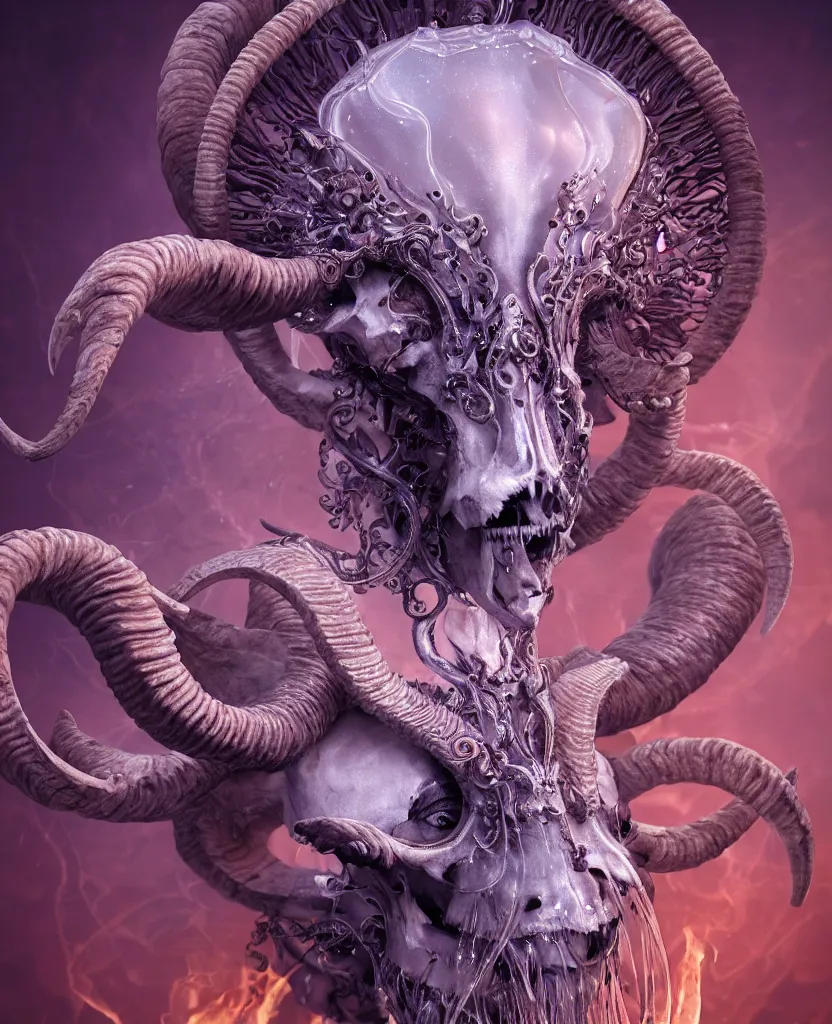 Image similar to close-up macro portrait of the face of a beautiful princess with ram goat satan mask, epic angle and pose, ribcage skeleton symmetrical artwork, 3d with depth of field, blurred background, cybernetic jellyfish female face skull phoenix bird, translucent, nautilus, energy flows of water and fire. a highly detailed epic cinematic concept art CG render. made in Maya, Blender and Photoshop, octane render, excellent composition, cinematic dystopian brutalist atmosphere, dynamic dramatic cinematic lighting, aesthetic, very inspirational, arthouse. y Greg Rutkowski, Ilya Kuvshinov, WLOP, Stanley Artgerm Lau, Ruan Jia and Fenghua Zhong