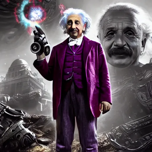 Image similar to albert einstein as willy wonka in gears of war, splash art, movie still, detailed face, photorealistic facial features, cinematic lighting, dramatic, octane render, long lens, shallow depth of field, bokeh, anamorphic lens flare, 8 k, hyper detailed, 3 5 mm film grain