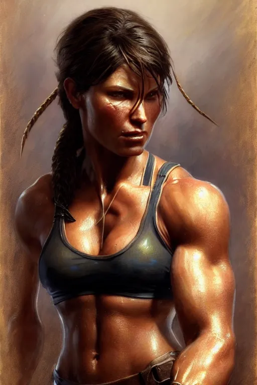 Prompt: muscular sweat lara croft, face close up, highly detailed painting by gaston bussiere, craig mullins, j. c. leyendecker 8 k