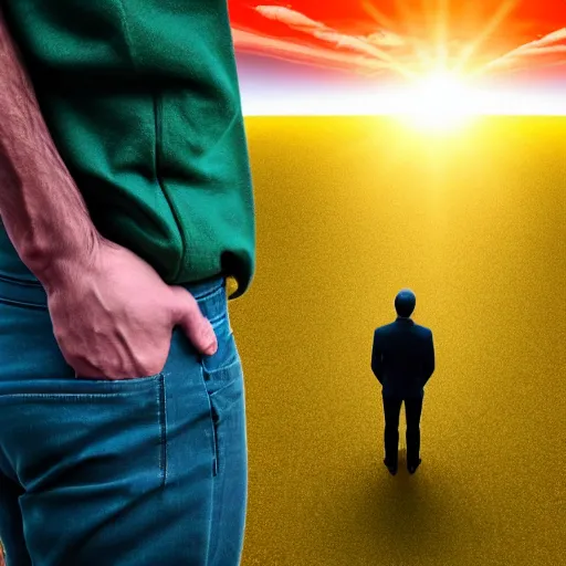 Image similar to a fearful man standing with the world in his pockets and the sun above his head