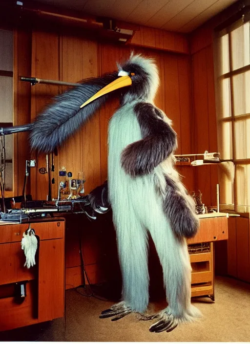 Image similar to realistic photo of a a hairy furry fluffy birdman, very long beak, in a living room sci - fi laboratory with many wooden gadgets made of wood interior is made of wood 1 9 9 0, life magazine reportage photo, natural colors