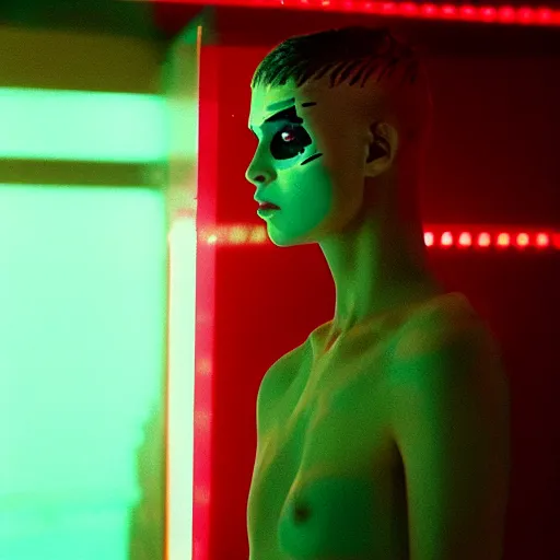 Prompt: cinematic portrait of a runaway replicant with tribal facepaint and a red translucent plastic raincoat in an empty room, still from the movie bladerunner, fashion photography, a neon sign is in the background