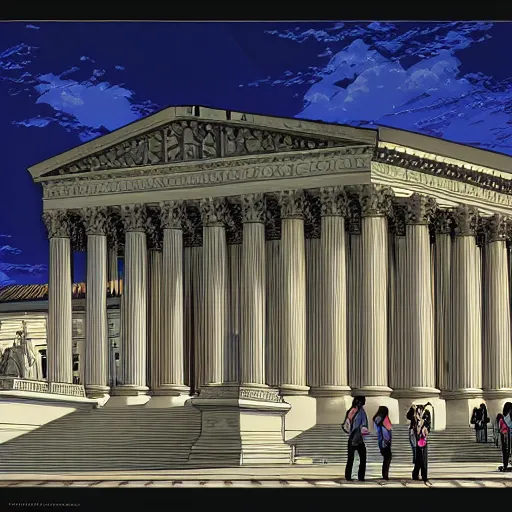 Prompt: the supreme court but it is a slice of life anime, by dan mumford, yusuke murata, makoto shinkai, ross tran, intricate detail, cinematic, 8 k, cel shaded, unreal engine, featured on artstation, pixiv, anime style