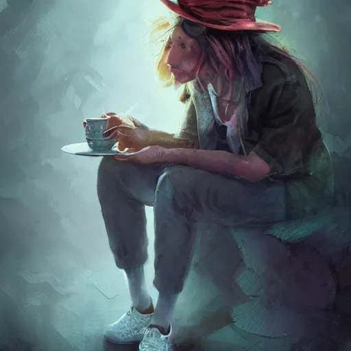Image similar to realistic, full body portrait, attractive homeless female mad hatter, by Jordan Grimmer and greg rutkowski, crisp lines and color,