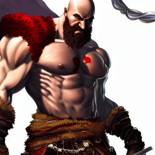 Prompt: kratos from god of war with an afro and a giant mustache, digital painting masterpiece, gorgeous brush strokes, advanced lighting technology, realistic face and anatomy, by shigenori soejima