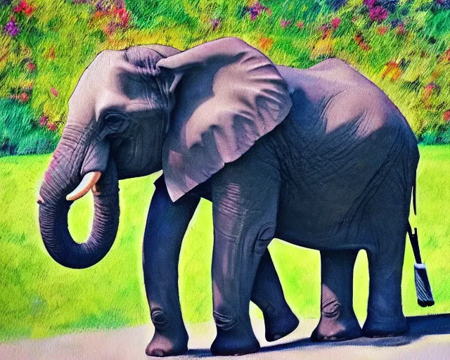 Image similar to photo of an an elephant painting a picture with its trunk holding a paintbrush while standing outside in a park on a sunny day, octane, shot on an iphone,