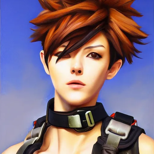 Image similar to oil painting of tracer overwatch in a field wearing large leather belt choker collar around neck, in style of mark arian, expressive face, detailed face, detailed eyes, full body, feminine face, tracer overwatch,