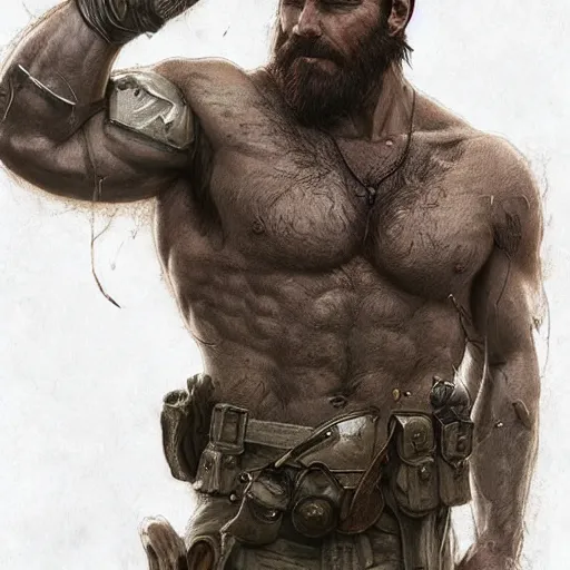 Image similar to portrait of a rugged ranger, muscular, upper body, hairy torso, D&D, fantasy, intricate, elegant, highly detailed, digital painting, artstation, concept art, smooth, sharp focus, illustration, art by artgerm and Greg Rutkowski and Alphonse Mucha