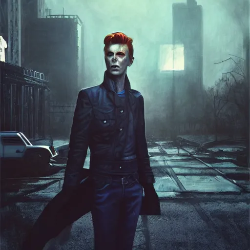 Image similar to fallout 5, charismatic david bowie, portrait, outdoors ruined cityscape, atmospheric lighting, painted, intricate, volumetric lighting, beautiful, daytime, sunny weather, slight overcast, sharp focus, deep colours, ultra detailed, by leesha hannigan, ross tran, thierry doizon, kai carpenter, ignacio fernandez rios