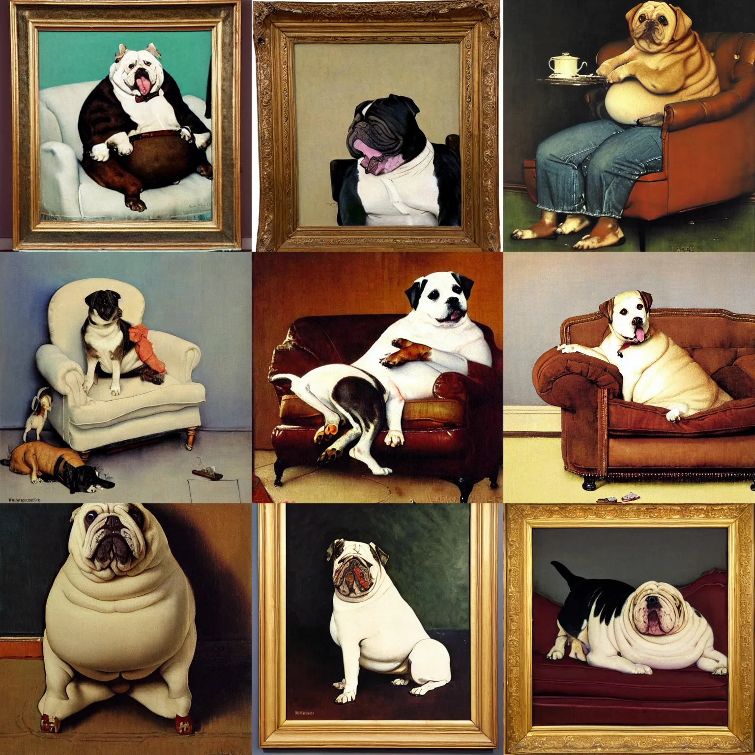 Prompt: Oil painting of an Obese dog with a big belly sitting on an armchair by Norman Rockwell