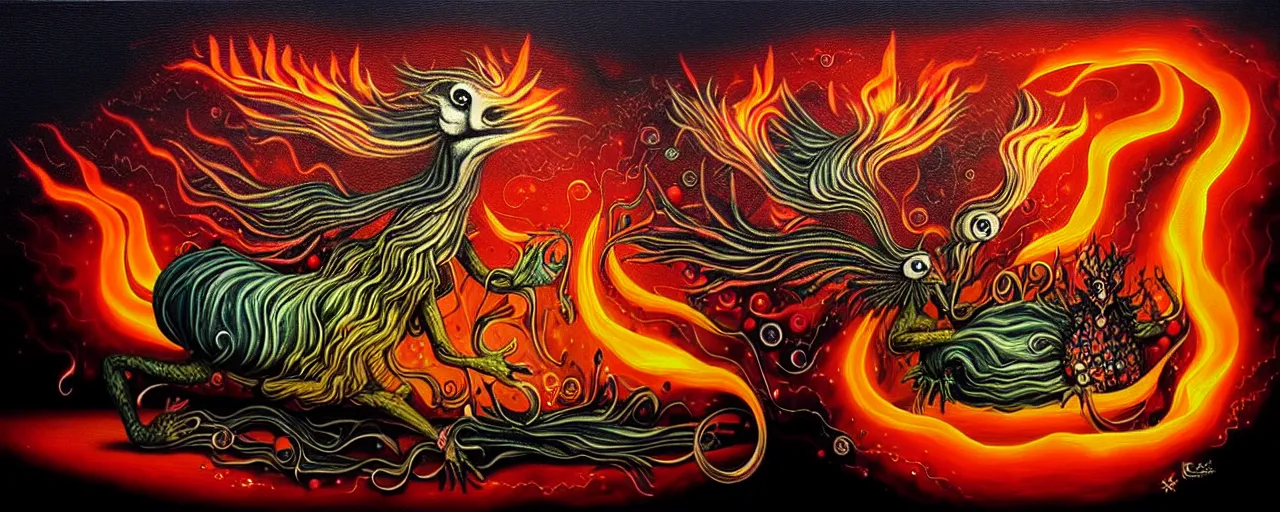 Image similar to whimsical fiery alchemical creatures, surreal dark uncanny mixed media painting by ronny khalil