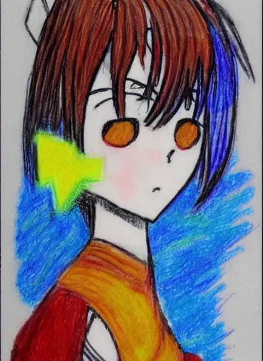 Image similar to poorly drawn anime girl, crayon art, very silly looking