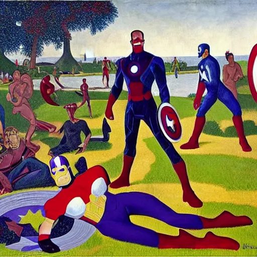 Image similar to ironman, thanos, captain america a sunday afternoon on the island of la grande jatte, painting