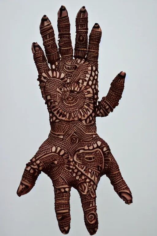 Image similar to ceramic robotic hand covered in henna