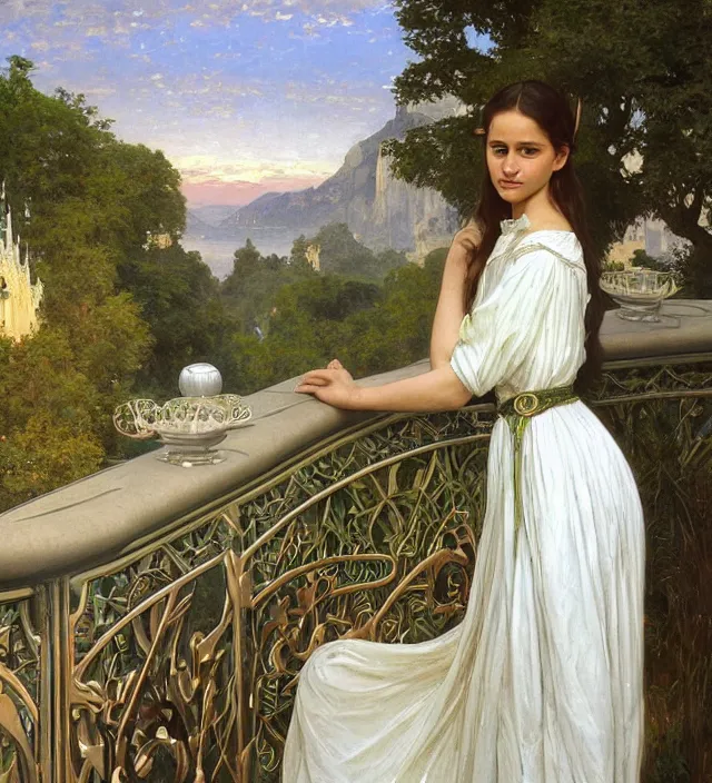 Image similar to intricate oil painting of a young alicia vikander with pointed ears wearing ornate white and light green dress with silver belt, looking out at sunrise over rivendell from her art nouveau balcony, elegant, digital painting, smooth, sharp focus, illustration, ultra realistic, 8 k, by bouguereau, alphonse mucha, artgerm, and donato giancola