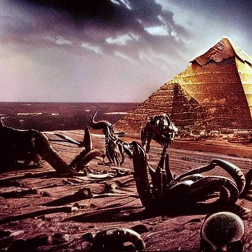 Prompt: a still from aliens v predator of the predator overlooking the pyramids, highly detailed