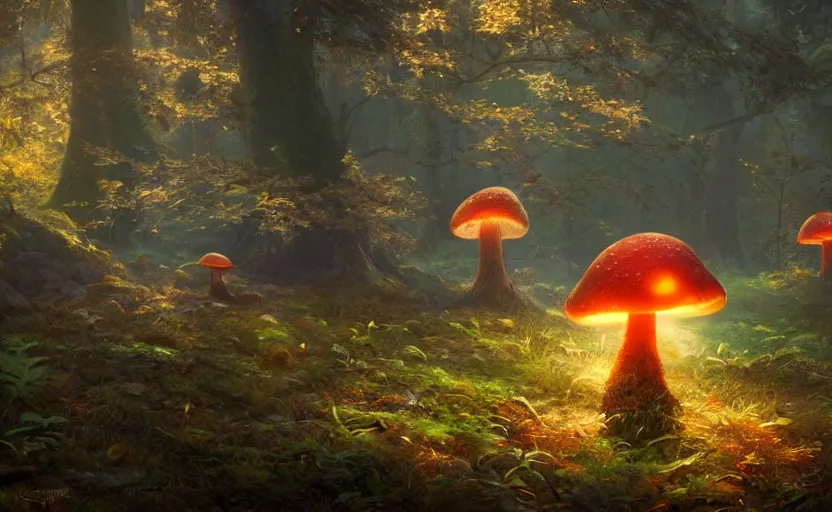 Image similar to a glowing mushroom in a magical forest, painting by craig mullins, octane rendering, soft morning lighting, wide angle lens, in the style of hayao miyazaki, trending on artstation,